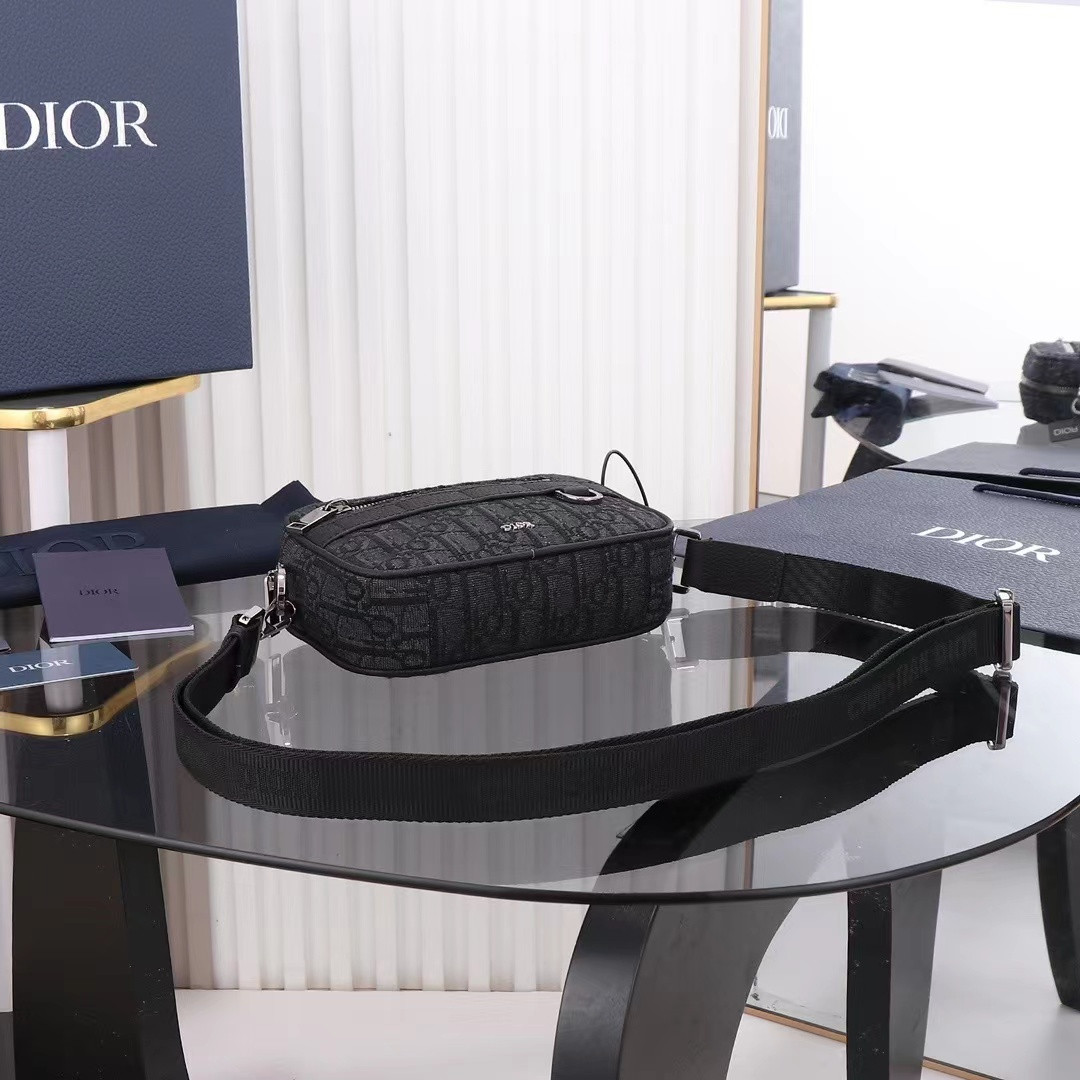 D*or mini safari bag with strap black D*or oblique jacquard 6.5 x 5 x 1.5 inches