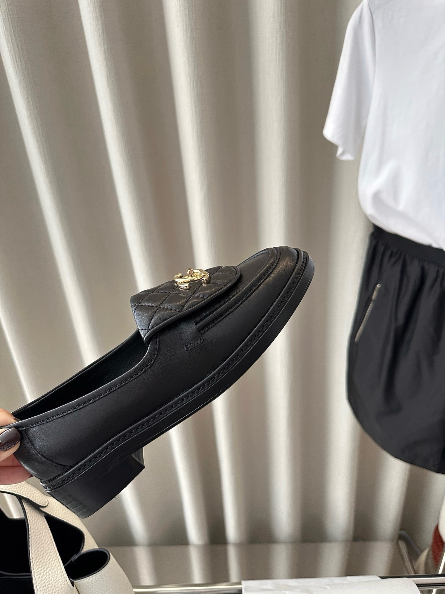 Ch*el quilted tab loafers black leather