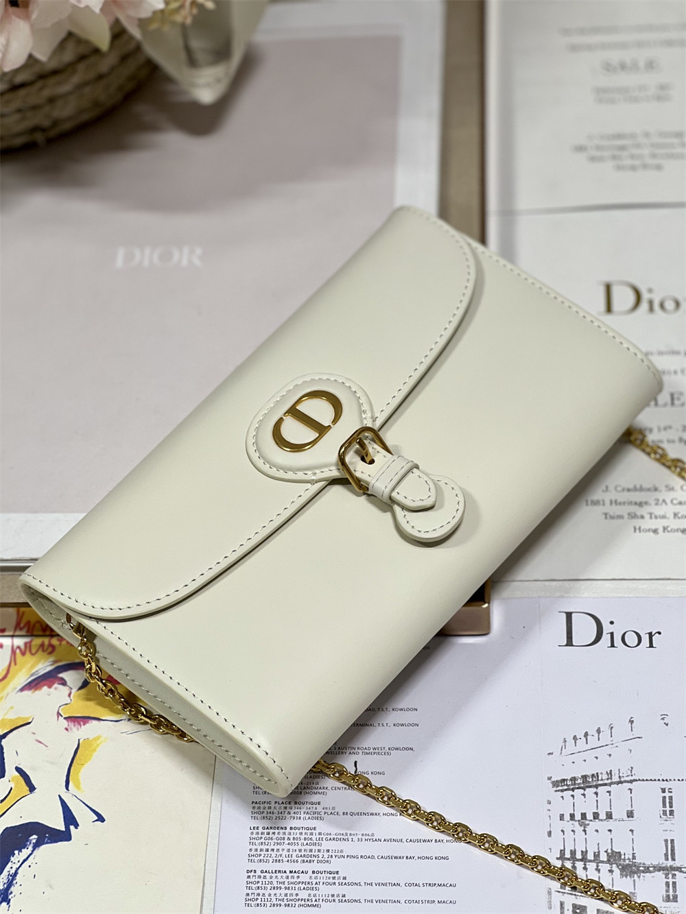 D*or bobby east-west pouch with chain latte smooth calfskin white