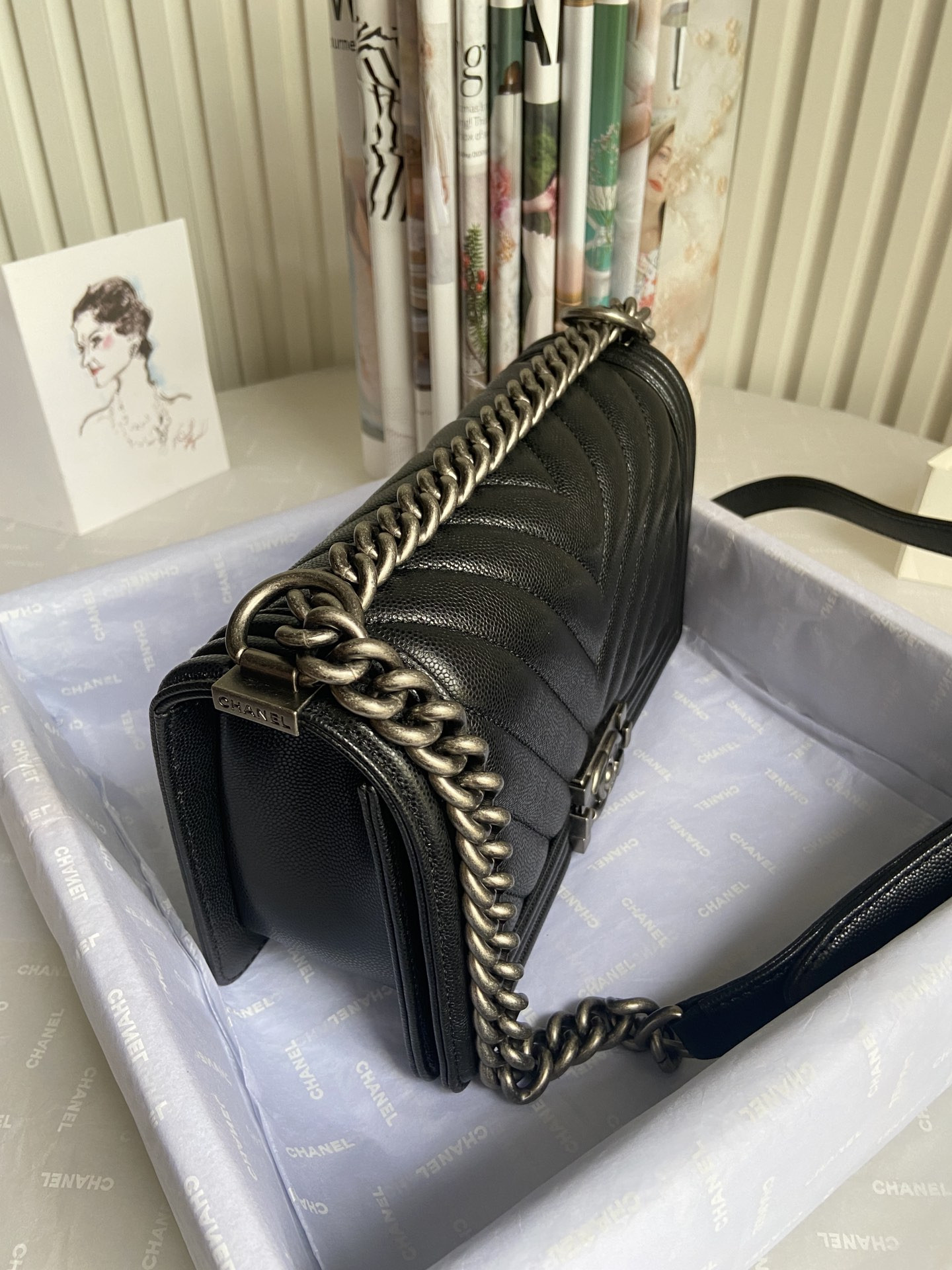 boy Ch*el handbag shiny grained calfskin 5.9 × 9.8 × 3.5 in