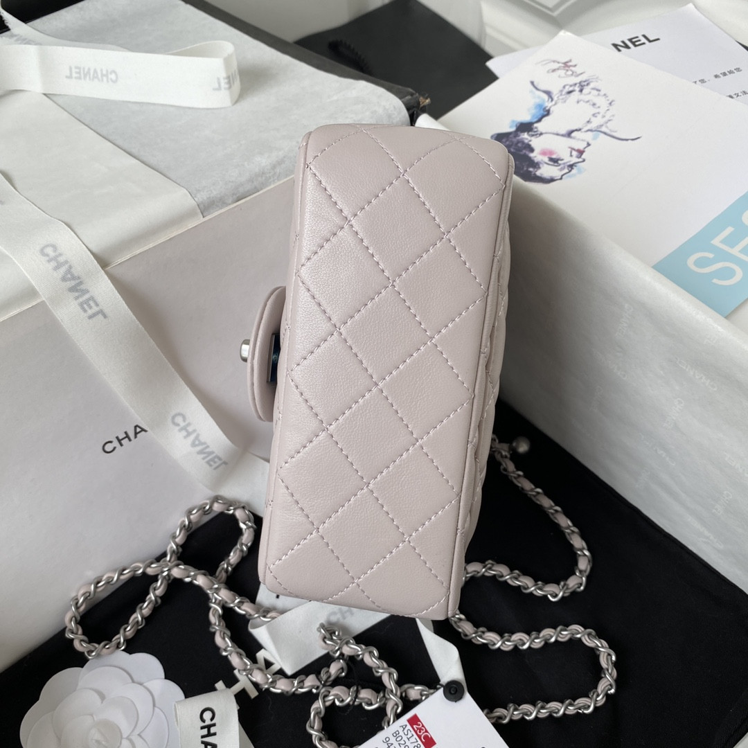 Ch*el mini flap bag shiny calfskin & silver-tone metal 5.3 × 6.6 × 3.1 in