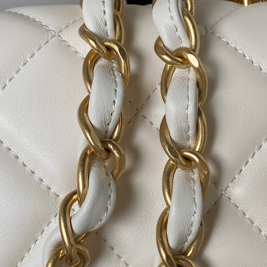 Ch*el small classic handbag grained shiny calfskin & gold-tone metal white 5.7 × 9 × 2.3 in