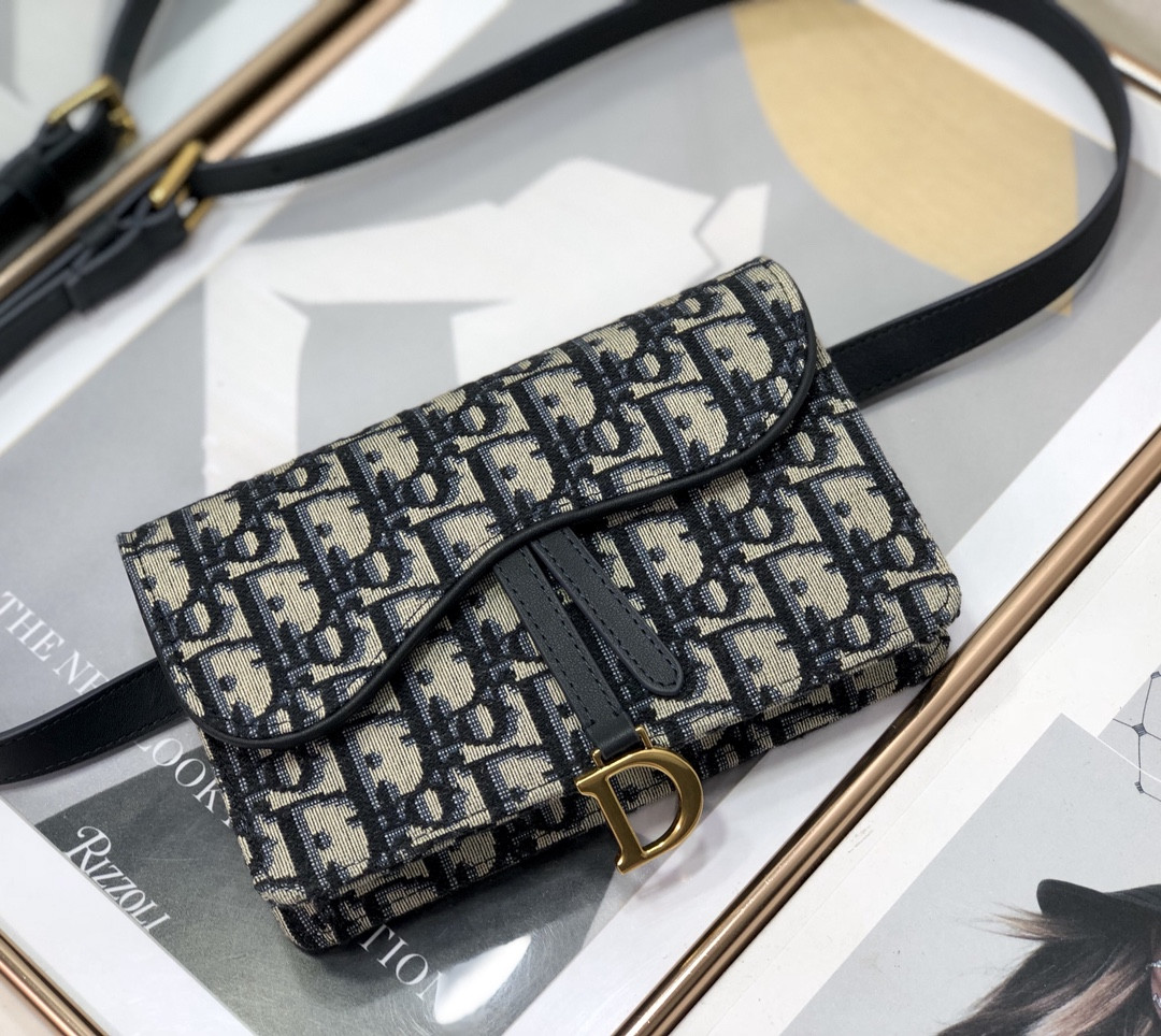 D*or saddle pouch blue D*or oblique jacquard  6.5 x 4 x 1.5 inches