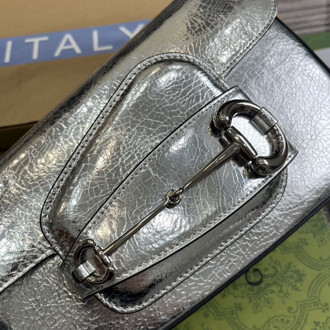 G*u*i horsebit 1955 small shoulder bag metallic silver 10.4"w x 6.7-4.1"h x 3.1-1.6"d