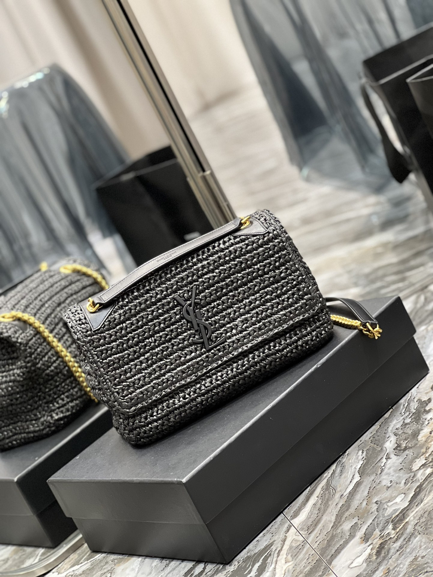 Y*L niki medium chain bag in raffia and leather black 11 x 7.8 x 3.3 inches