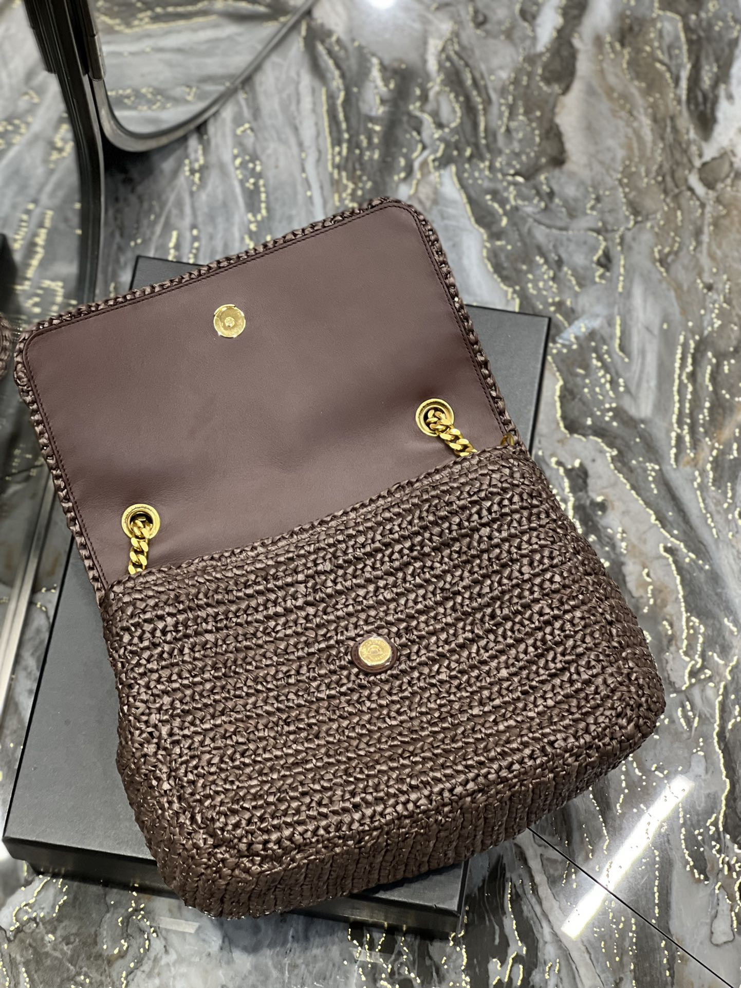 Y*L niki medium chain bag in raffia and leather coffee 11 x 7.8 x 3.3 inches