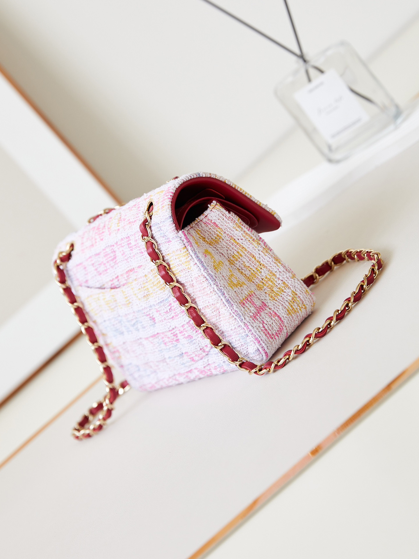Ch*el quilted pink multicolor tweed rectangular flap bag 14.5 × 23 × 6 cm